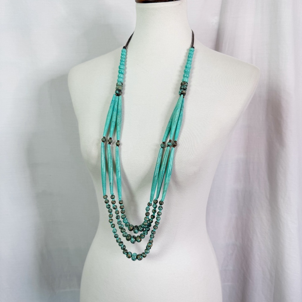 Southwest Boho Vintage Turquoise Beaded Statement Necklace Extra Long 36 in
